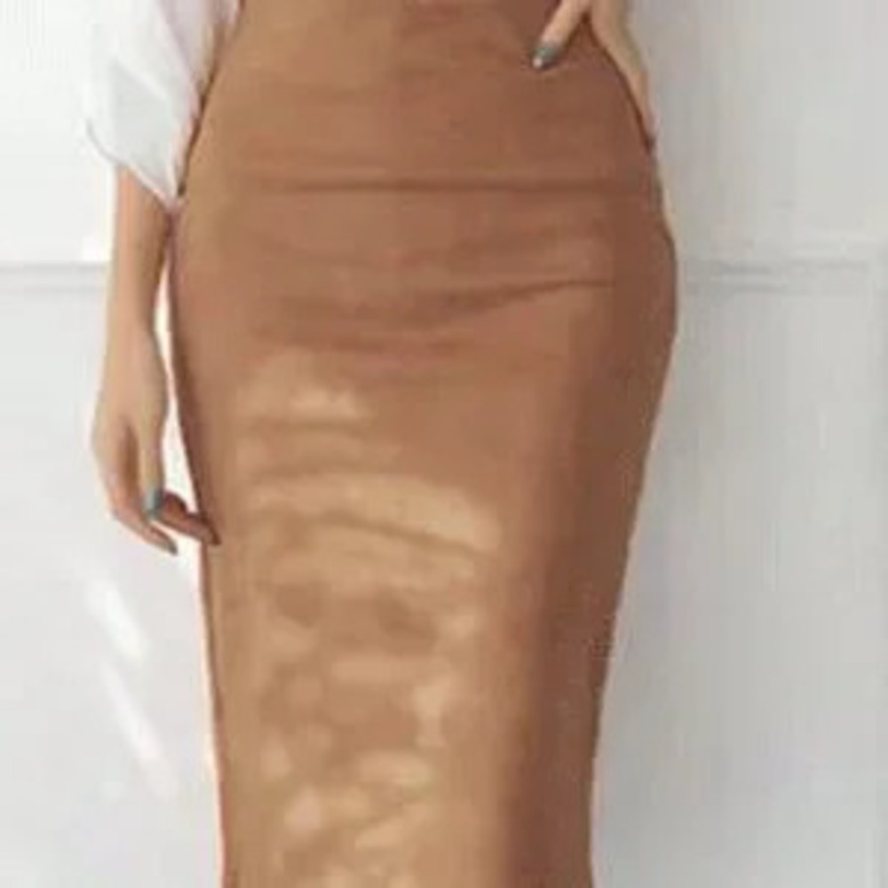 Khaki Casual Women's Faux Deerskin Velvet With Zipper Back Slit Skirt